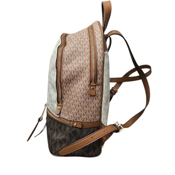 Michael Kors Rhea Medium Signature Logo Colorblock Brown Tan Backpack Bag COA - Picture 9 of 16